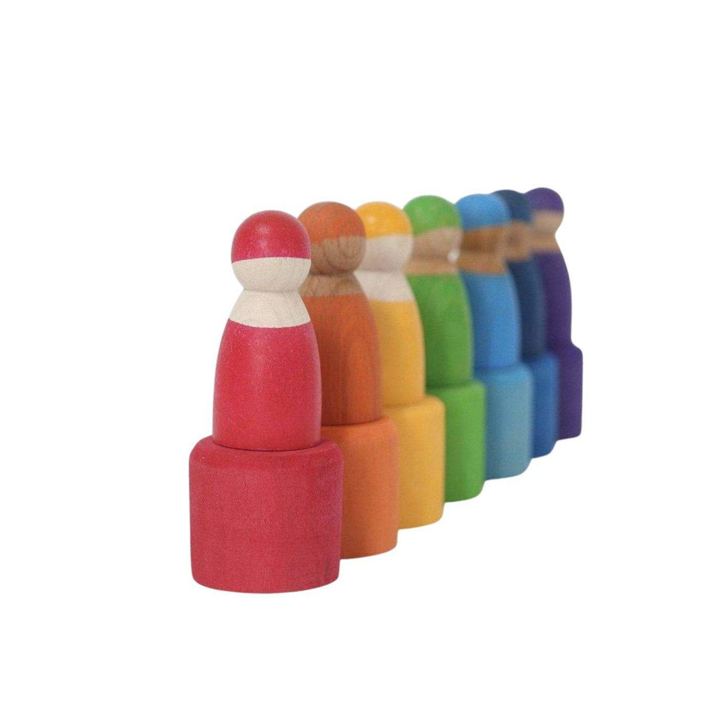 7 Rainbow Wooden Peg Dolls in Bowls