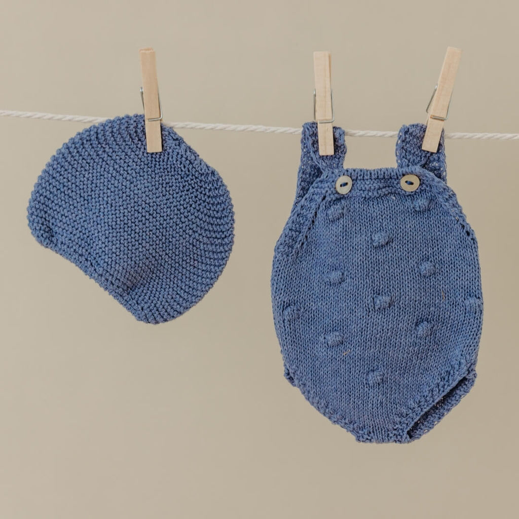 Blue Knit Doll Romper and Bonnet Set - 12"