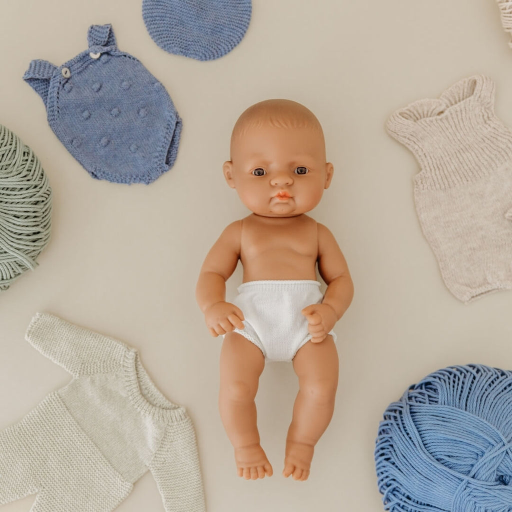 Blue Knit Doll Romper and Bonnet Set - 12"