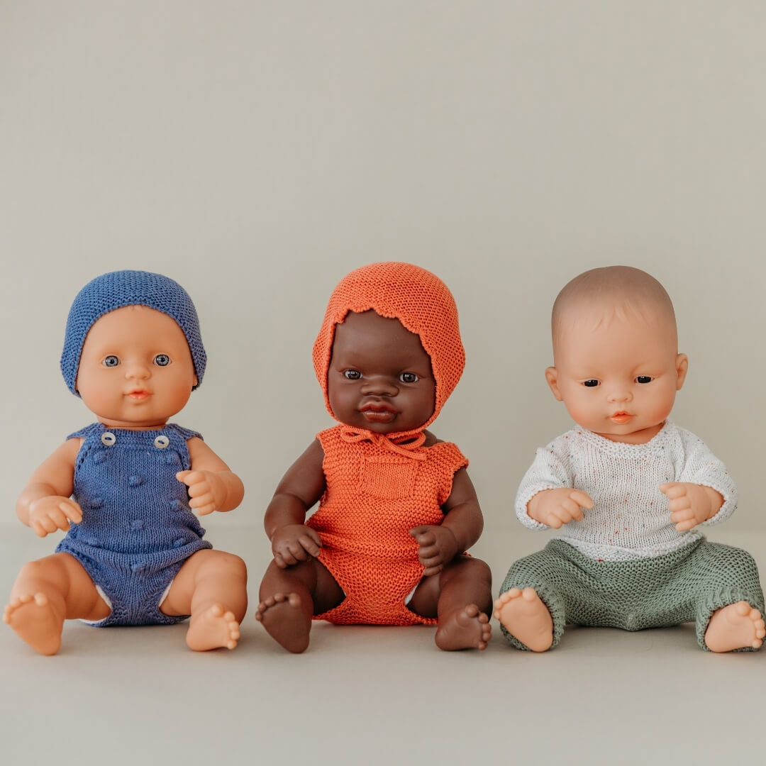 Blue Knit Doll Romper and Bonnet Set - 12"