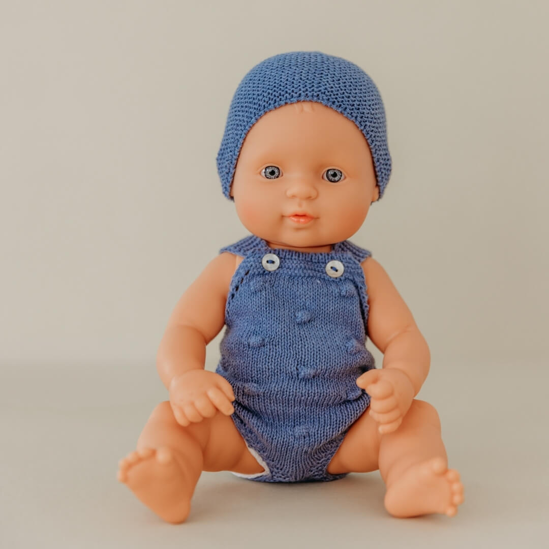 Blue Knit Doll Romper and Bonnet Set - 12"