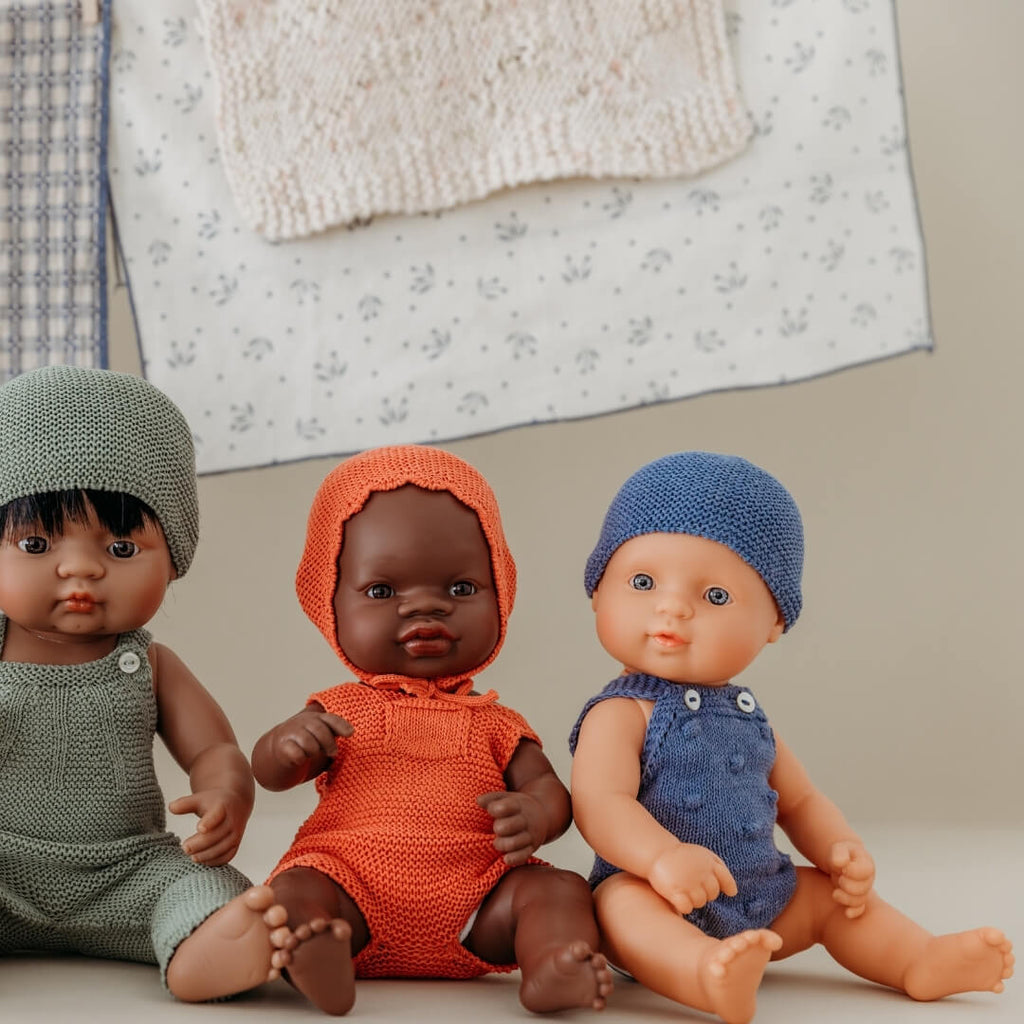 Blue Knit Doll Romper and Bonnet Set - 12"